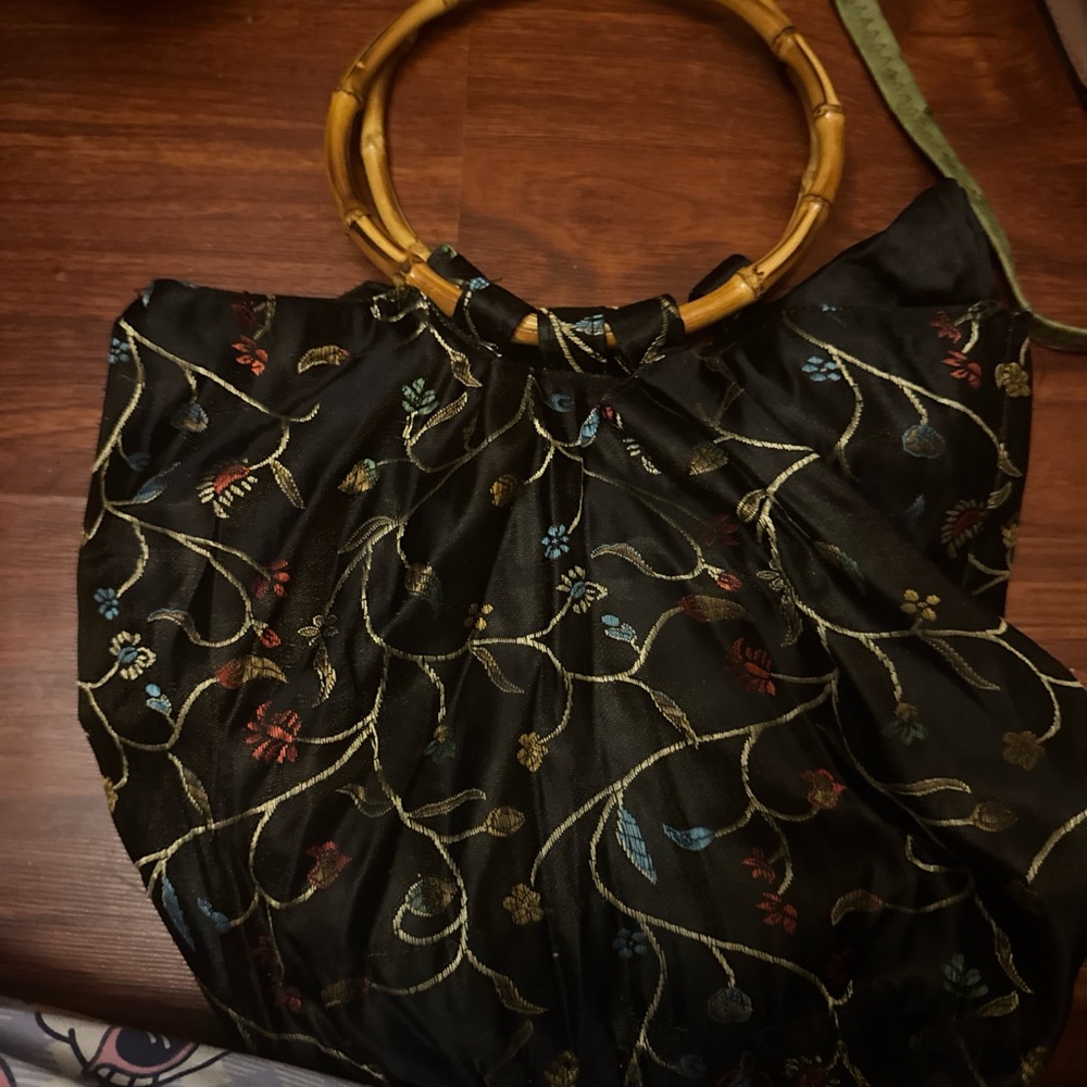 Black Floral Embroidered Handbag with Bamboo Handles